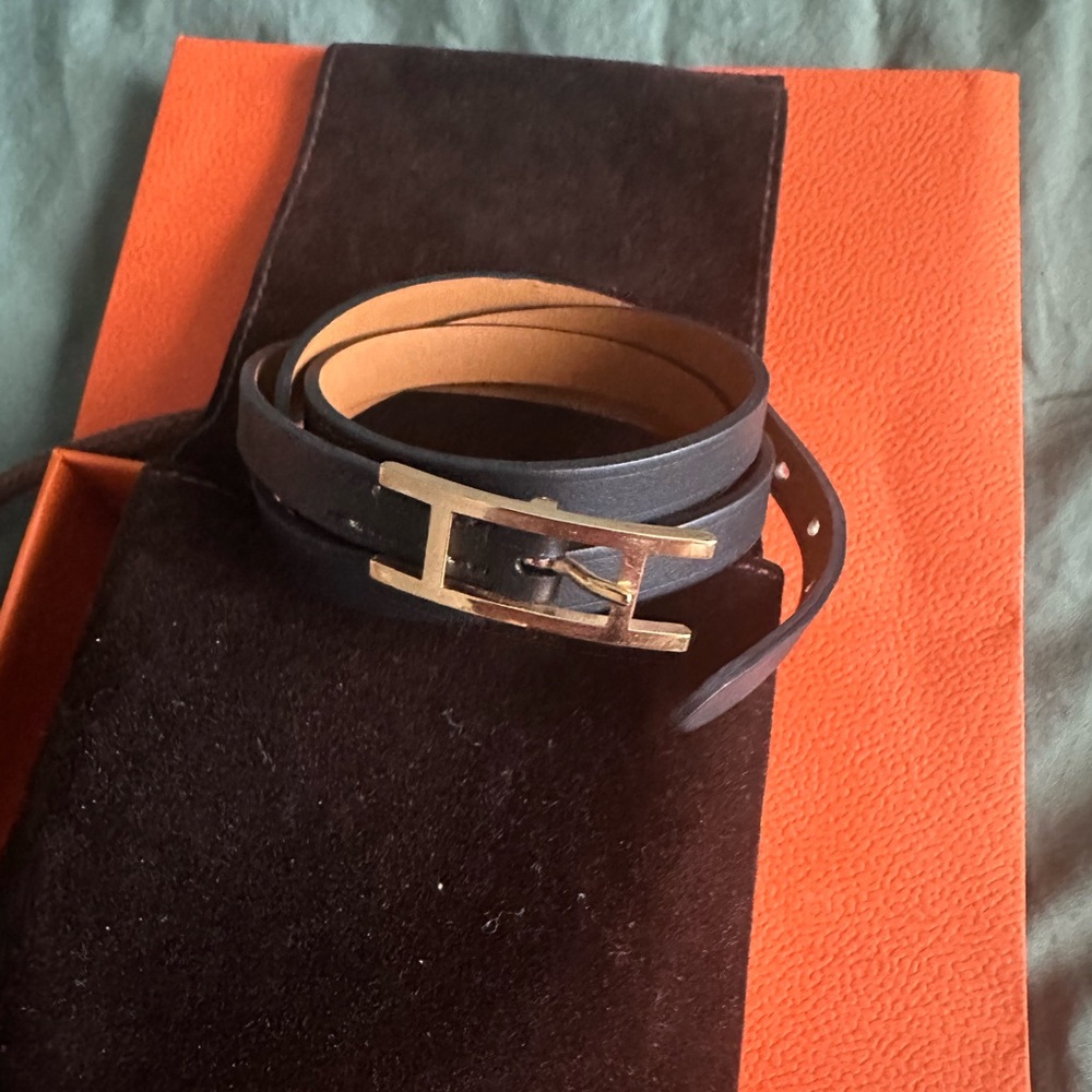 Authentic Hermes Black Leather & Rose Gold Bracelet